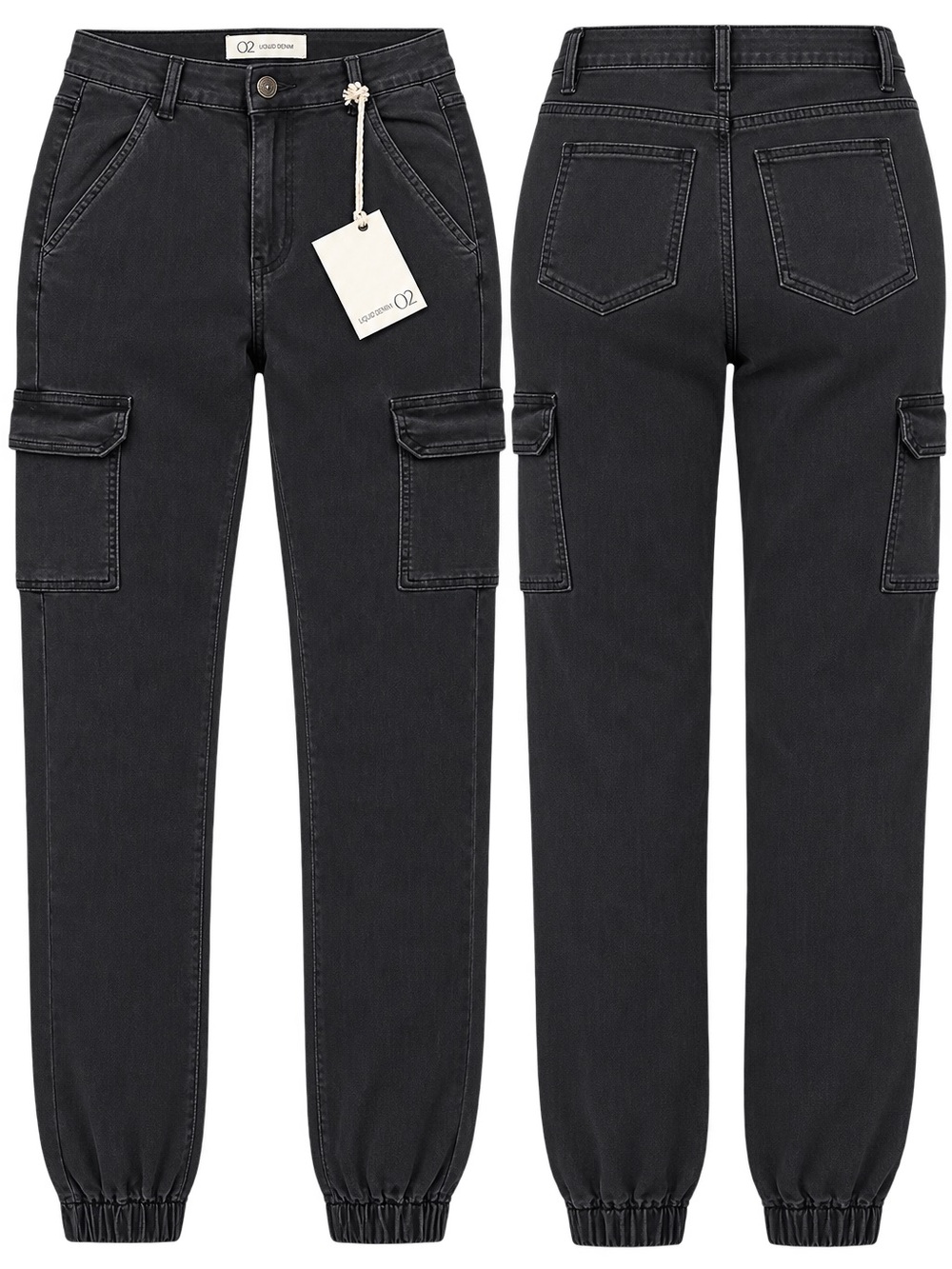 Q2 Women's Black Cargo Jeggings with Elastic Cuffs